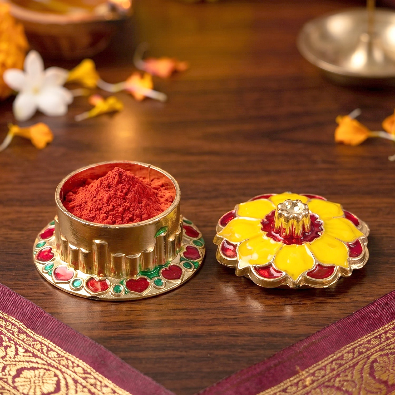 Decorative golden Kankavati Kumkum box by Wukusy, traditional Sindoor holder for pooja, ornate design in a single piece