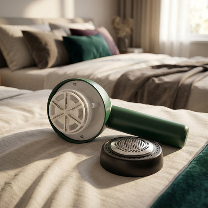 Wukusy electric lint remover with cleaning brush for removing lint and fuzz from clothing and fabrics.