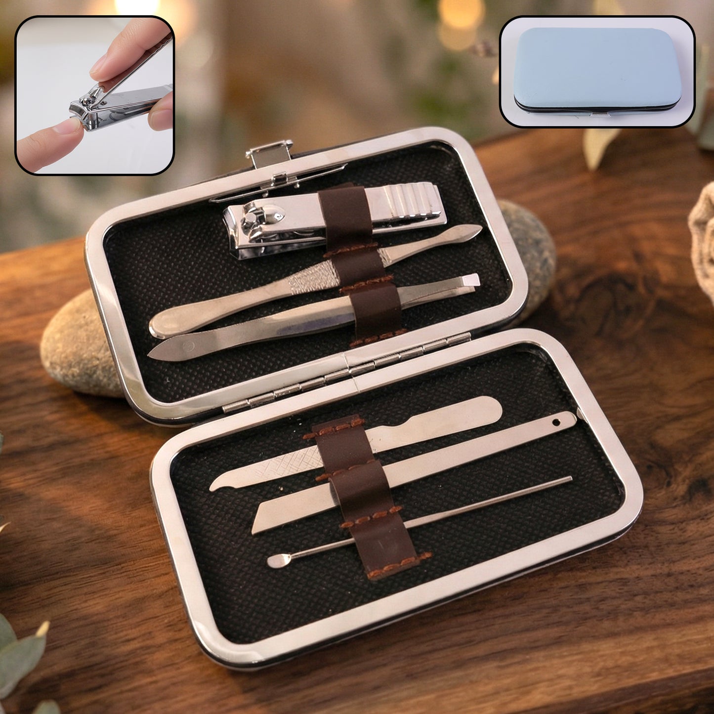 Wukusy 6-in-1 premium nail care manicure and pedicure grooming kit with various tools for nail trimming and shaping.