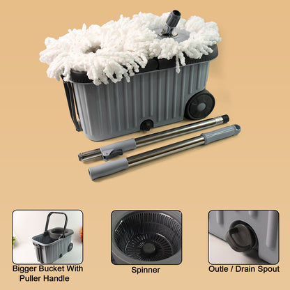 Wukusy Apex Magic Spin Mop Cleaning Set with dual chamber bucket and wheels, featuring a blue mop head and ergonomic handle.