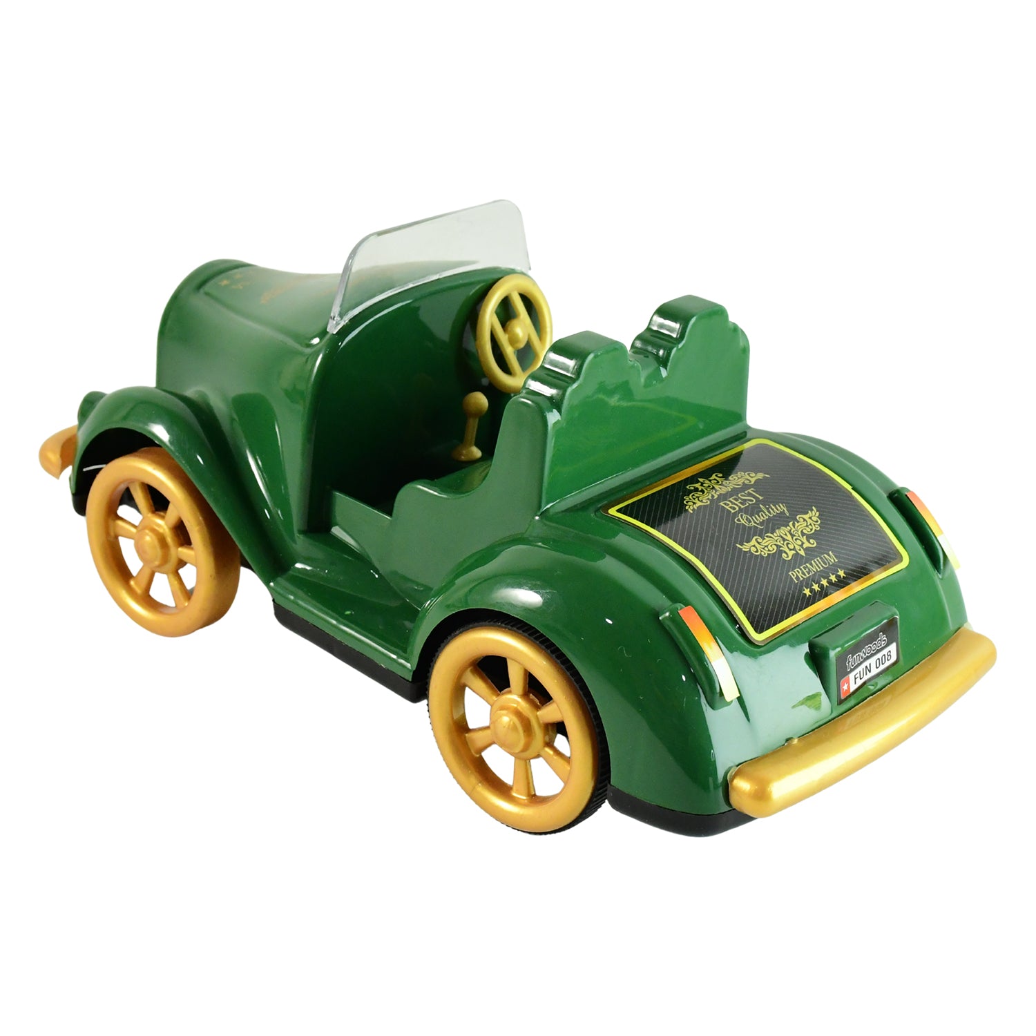 Wukusy Funwoods vintage friction-powered toy car, classic wooden design, shown racing on a smooth surface