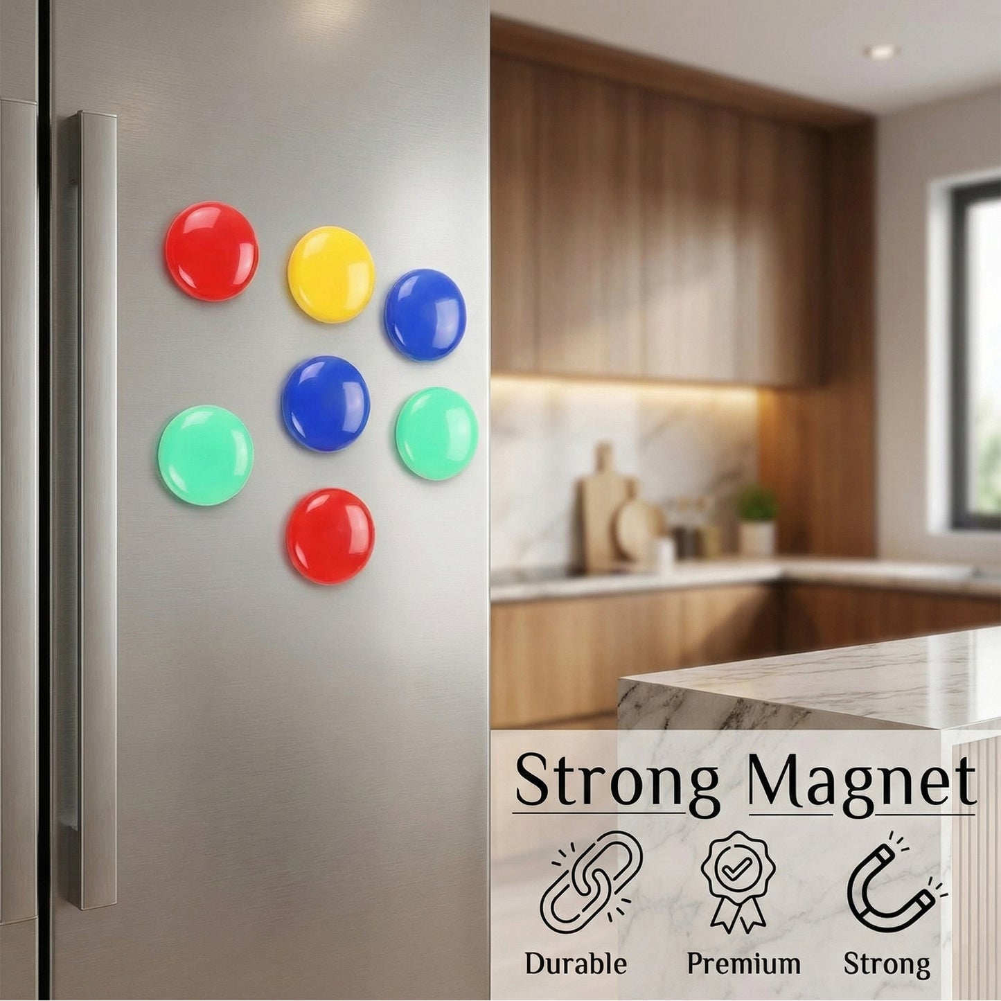 Colorful round refrigerator magnets set with 12 pieces by Wukusy, displayed on a fridge surface.