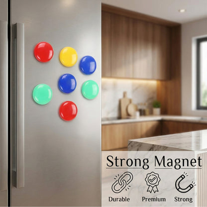 Colorful round refrigerator magnets set with 12 pieces by Wukusy, displayed on a fridge surface.