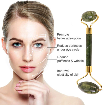 Wukusy dual-headed jade facial massage roller with ergonomic handles, designed for facial skincare and muscle relaxation.