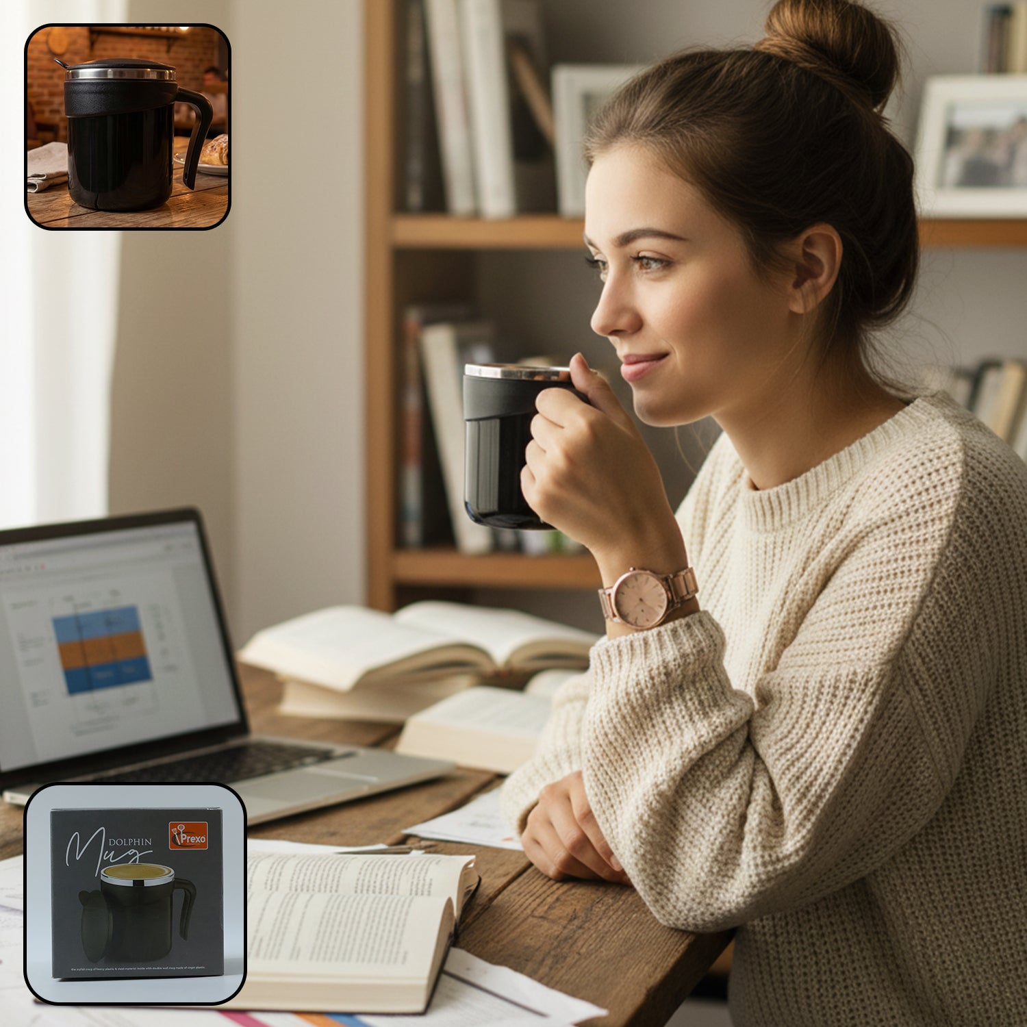 Wukusy Prexo modern insulated dolphin mug with lid, 200ml capacity, featuring a sleek dolphin design and secure lid for hot beverages.