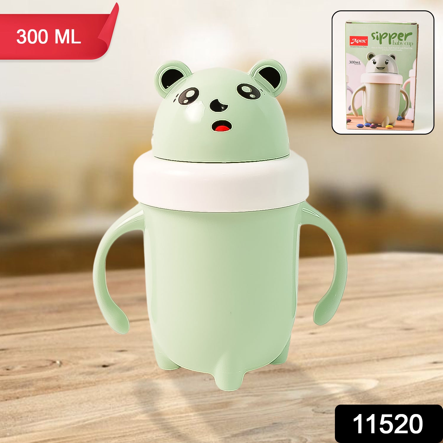 Wukusy Apex Sipper Baby Cup with handles, 300ml spill-proof and leak-proof training cup for toddlers, shown with colorful design.