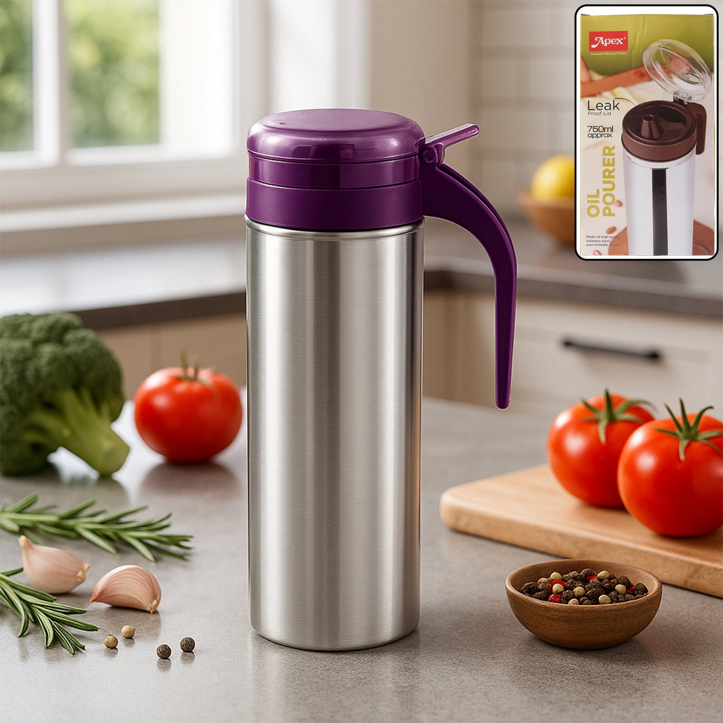 Wukusy Apex 750ml stainless steel oil pourer for kitchen use, featuring a sleek design and easy pour spout.