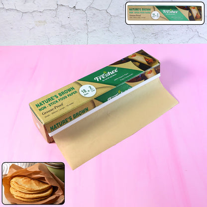 Wukusy Freshee Natures Brown non-stick food paper roll, 20 meters total, ideal for baking and kitchen food prep.