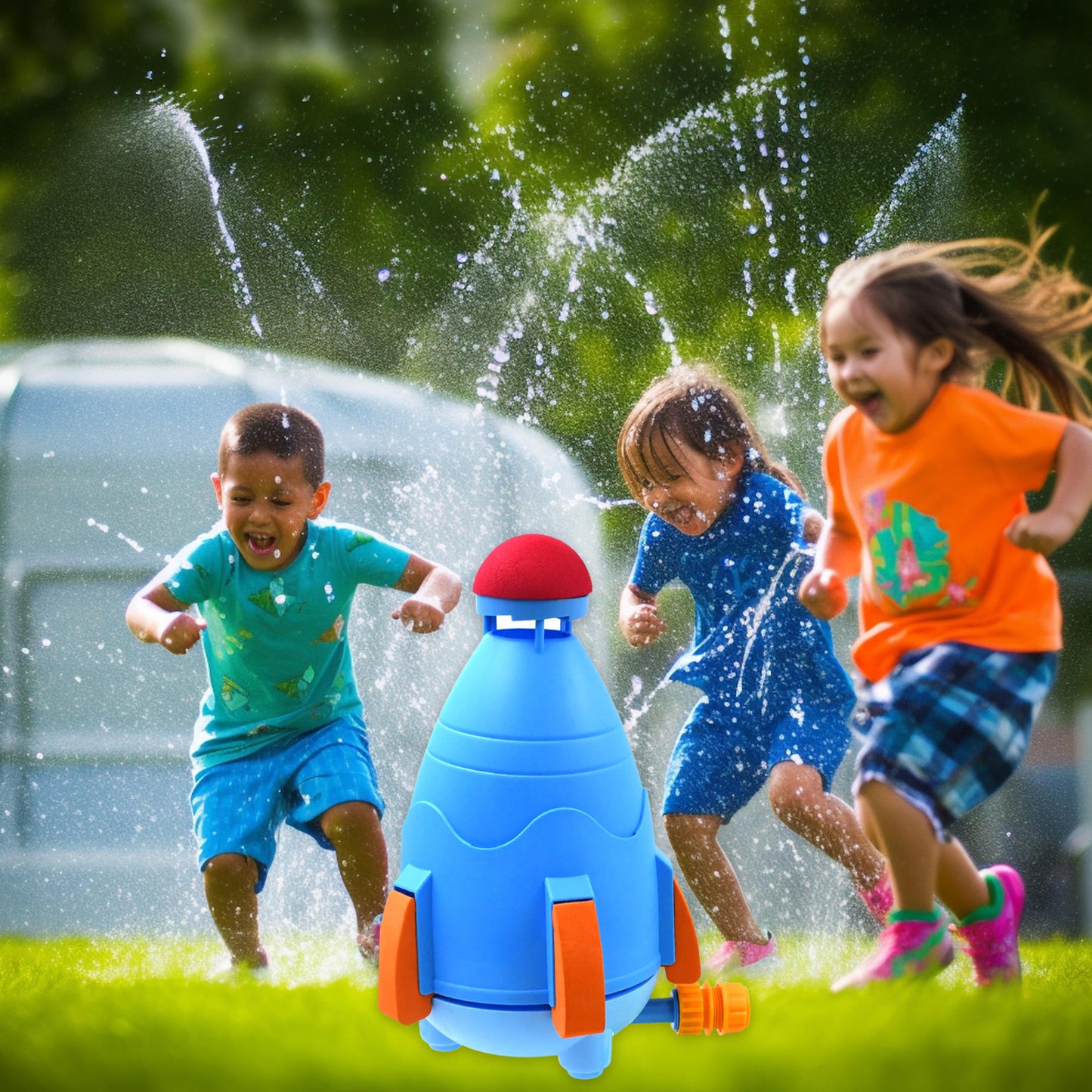 Wukusy garden sprinkler rocket launcher toy set for kids, outdoor summer fun with colorful water sprayers and launchers.
