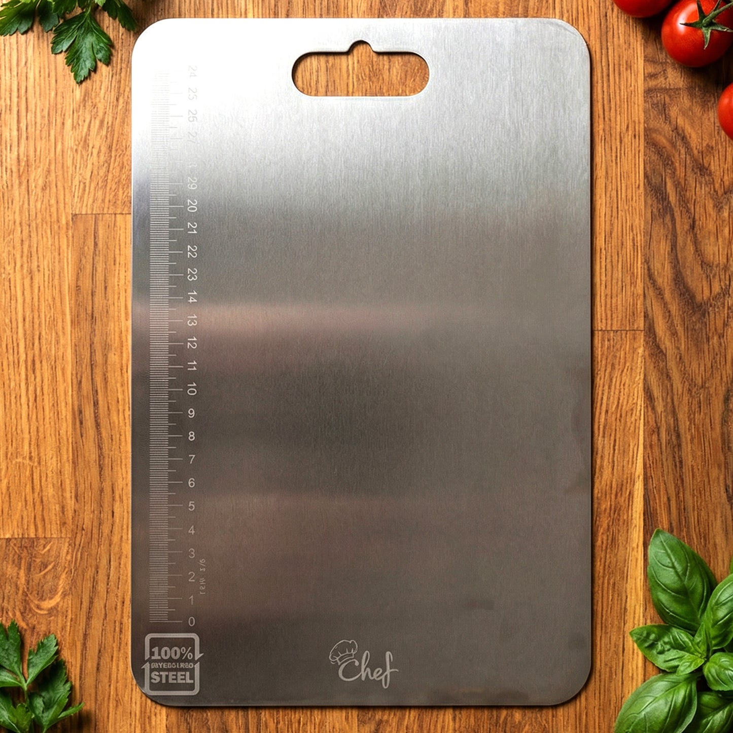 Large stainless steel chopping cutting board by Wukusy, showing smooth, shiny surface ideal for food prep and kitchen use.