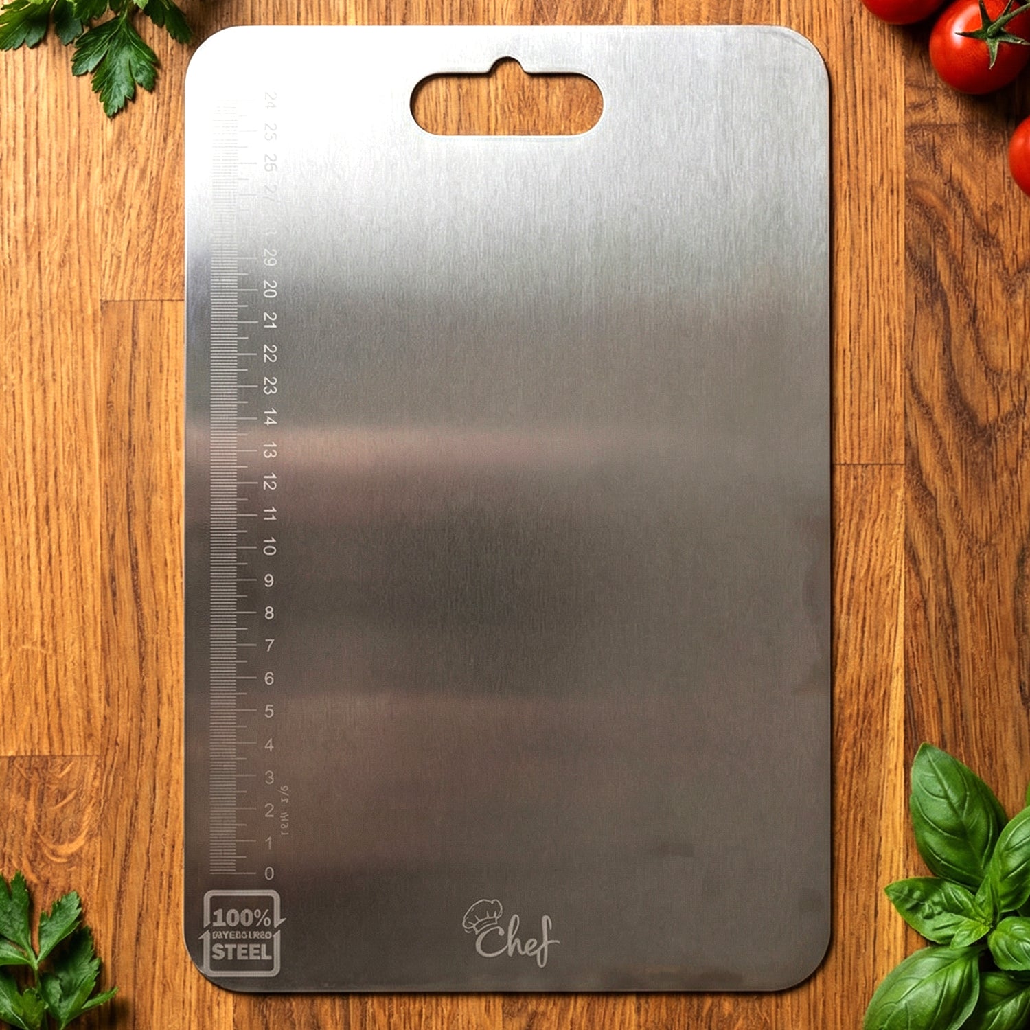 Large stainless steel chopping cutting board by Wukusy, showing smooth, shiny surface ideal for food prep and kitchen use.