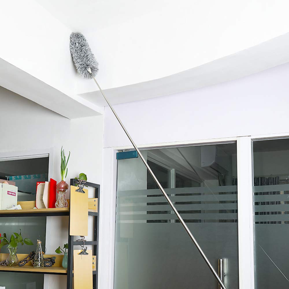 Wukusy microfiber telescoping feather duster with 100-inch extendable handle for high ceilings, fans, blinds, and cobweb cleaning.