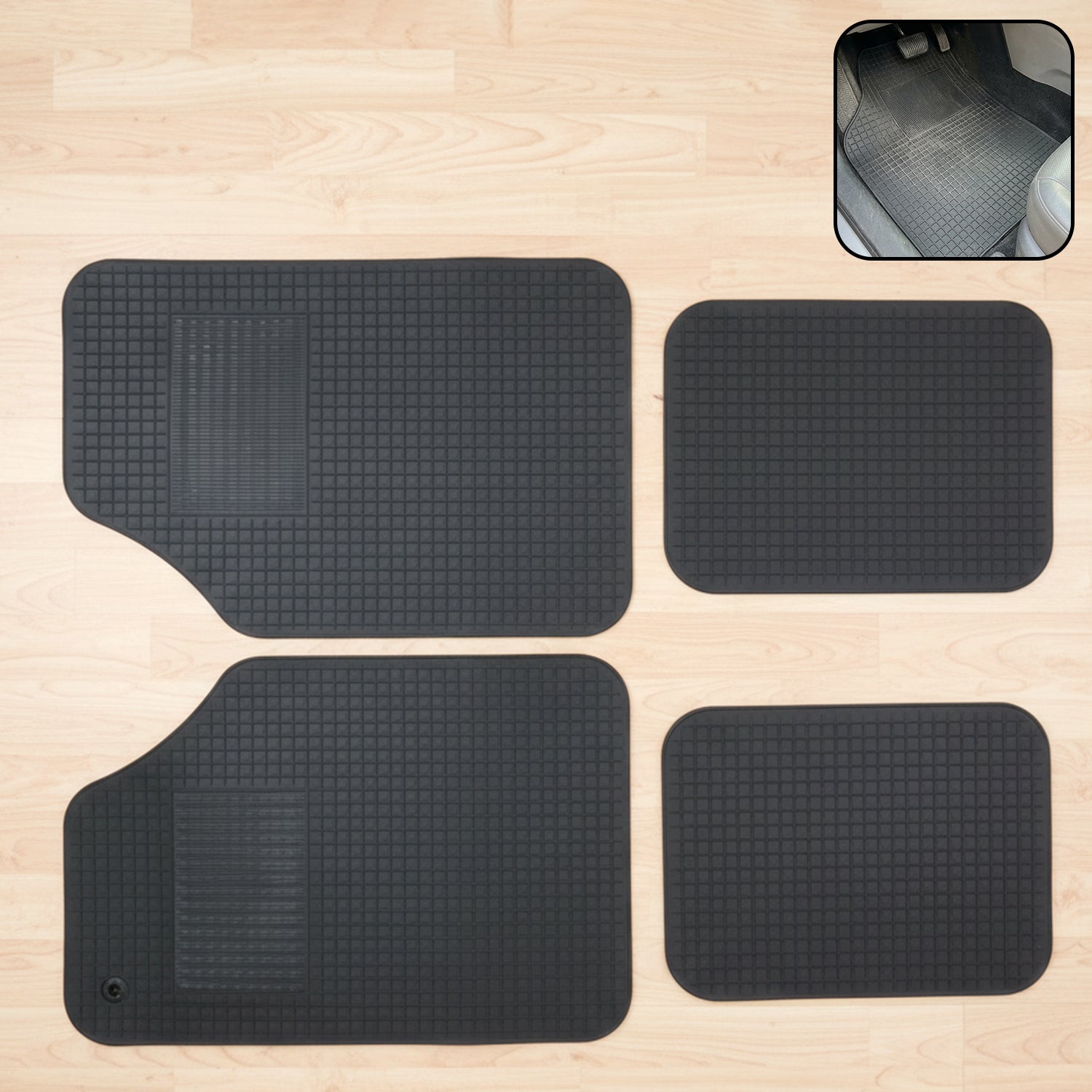 Universal heavy-duty car floor mat set by Wukusy, four durable rubber mats for front and rear vehicle flooring protection.