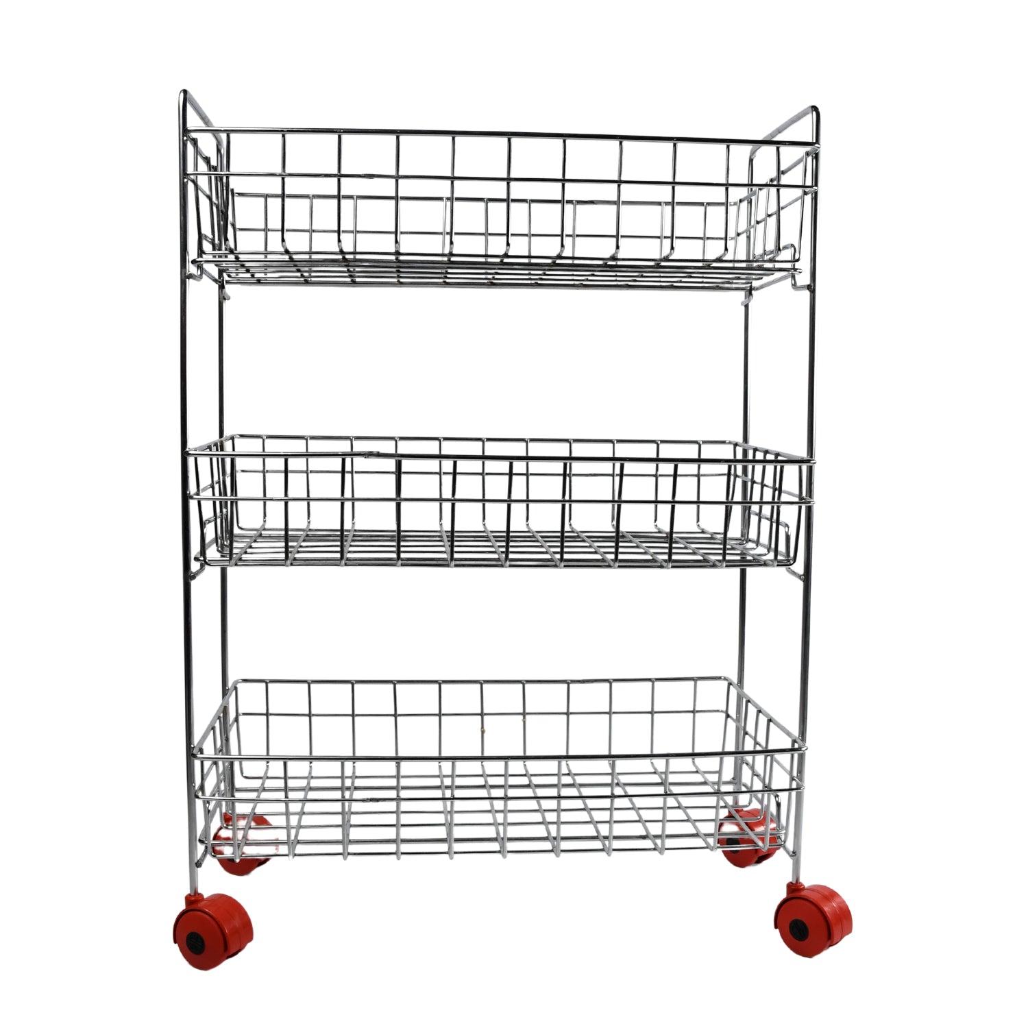 Wukusy stainless steel 3-tier fruit and vegetable kitchen trolley with basket and racks for storage and organization.