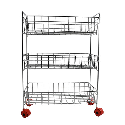 Wukusy stainless steel 3-tier fruit and vegetable kitchen trolley with basket and racks for storage and organization.