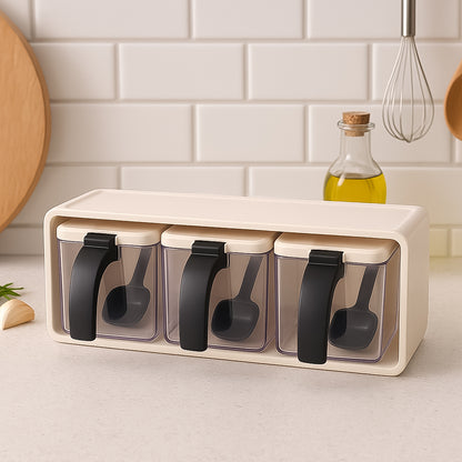 Wukusy Grinss modular spice storage box set with three clear containers and black lids, ideal for organizing spices in the kitchen.