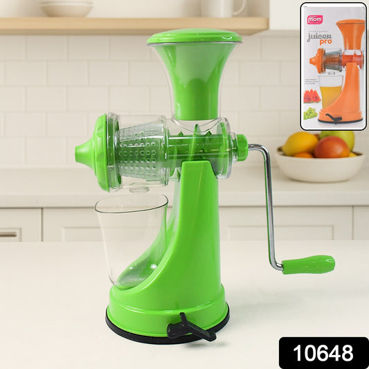 Wukusy Supermom manual hand press juicer for fruits and vegetables, shown in a kitchen setting with fresh produce.