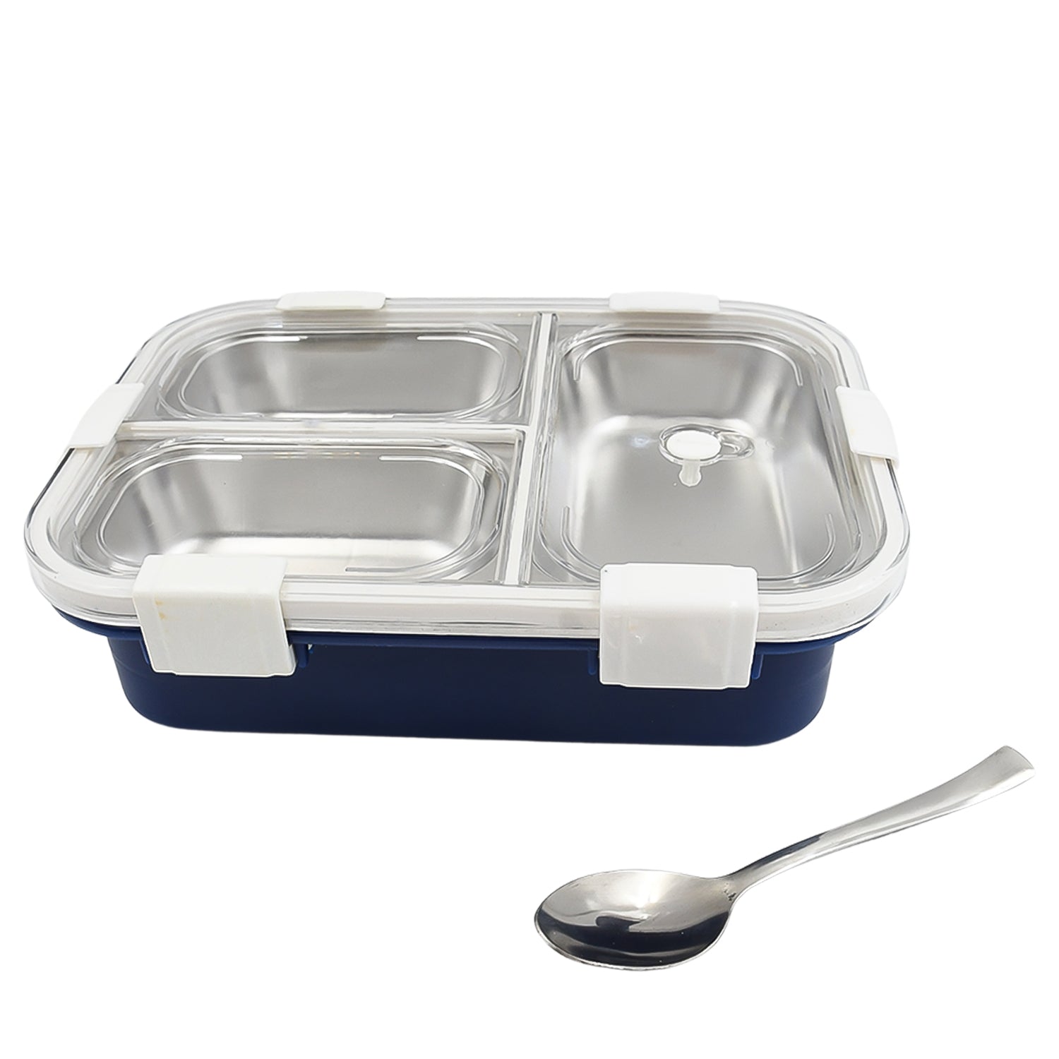 Wukusy 5500 stainless steel lunch box with 3 compartments, transparent lid, ideal for kids, school, office, and adults.