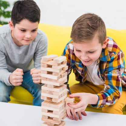 Wooden tumbling stacking toy set with 54 blocks and 4 dice by Wukusy, designed for building and creative play.