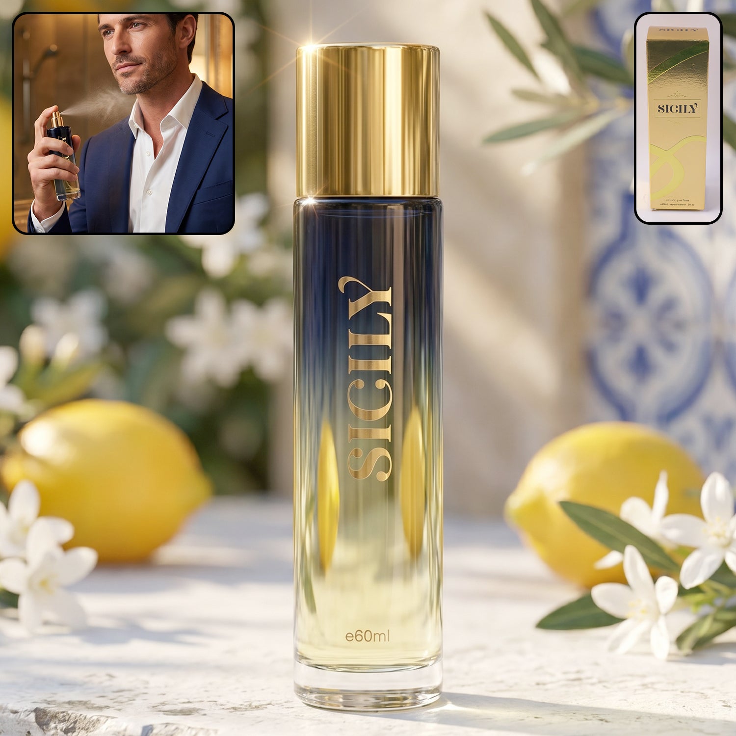 Wukusy Sicily Premium Eau De Parfum spray bottle, 60ml, with elegant design and floral fragrance details visible.