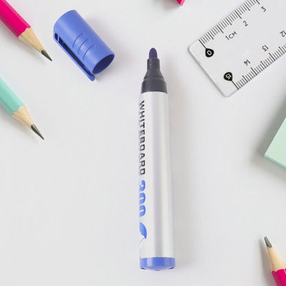 Wukusy jumbo whiteboard marker with blue ink, office use, white body and blue cap, suitable for writing on whiteboards.