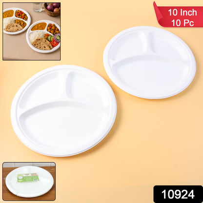 Wukusy Freshee 10-inch compostable bagasse plate with three compartments, suitable for home and kitchen use, set of 10