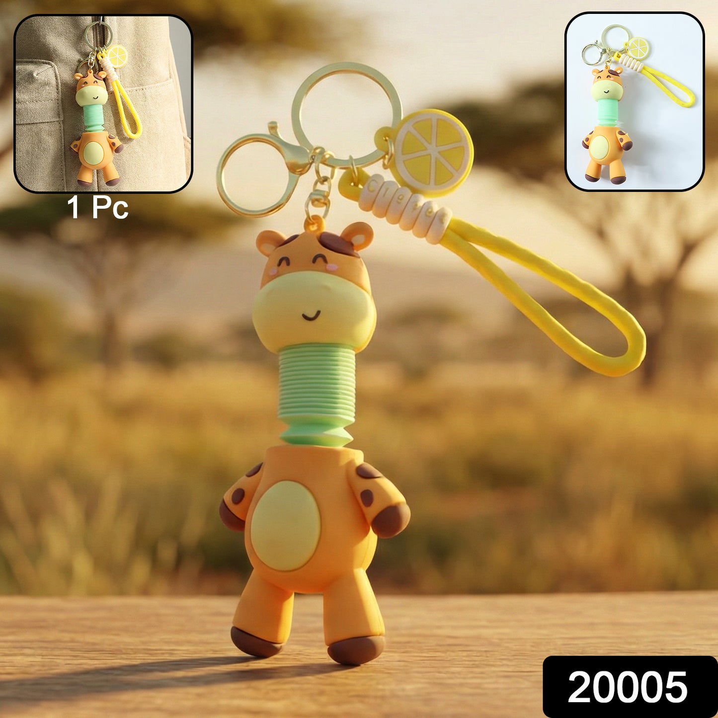 Cute giraffe cartoon keychain by Wukusy featuring a colorful, smiling giraffe figure on a metal keyring.