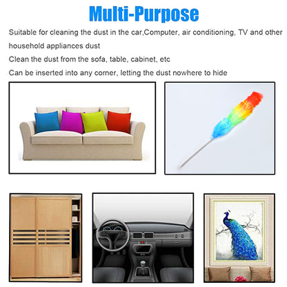 Colorful feather and microfiber duster by Wukusy for dusting and cleaning surfaces with a long dusting stick and brush.