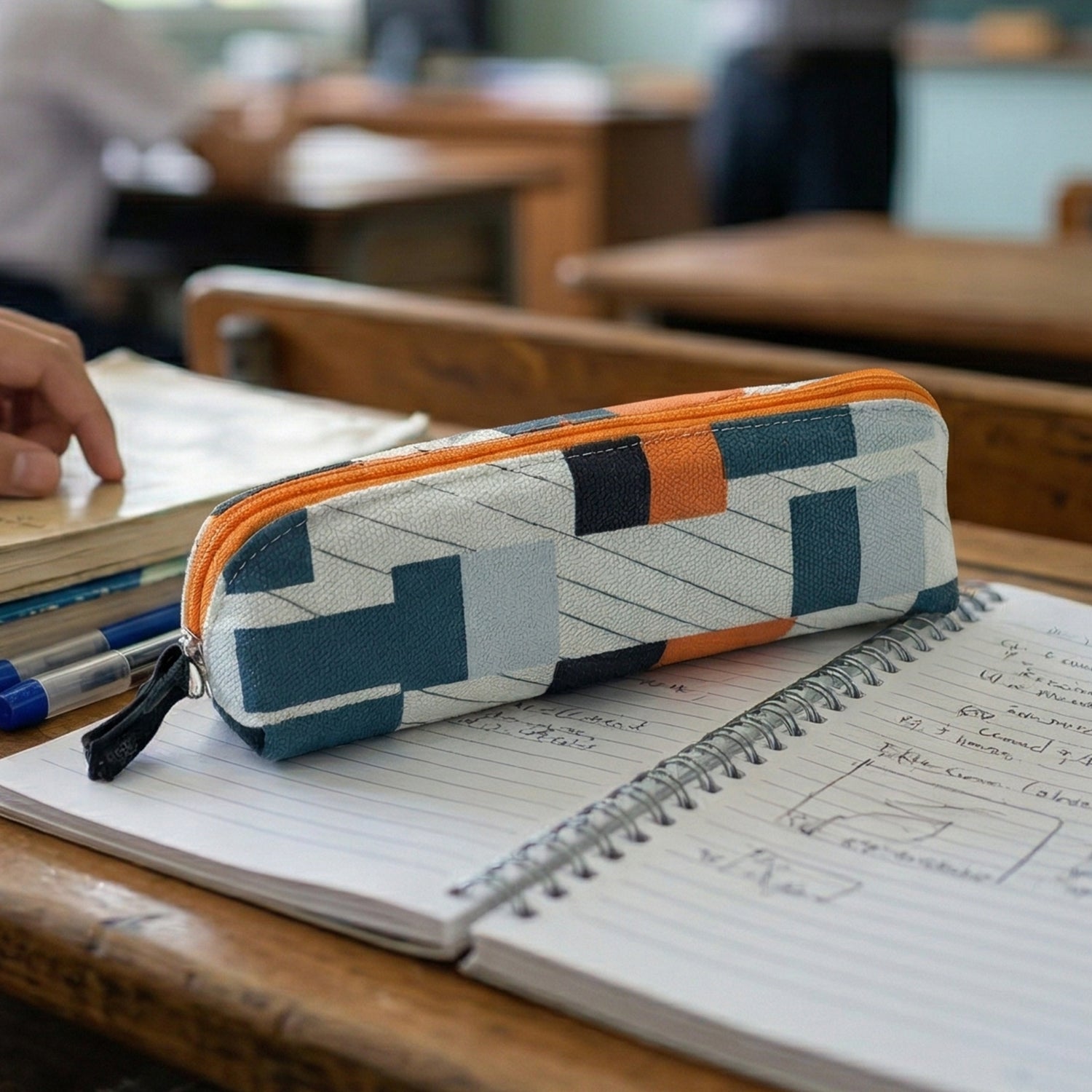 Wukusy designer fabric zipper pencil pouch with a sleek, colorful pattern, perfect for organizing pens and stationery.