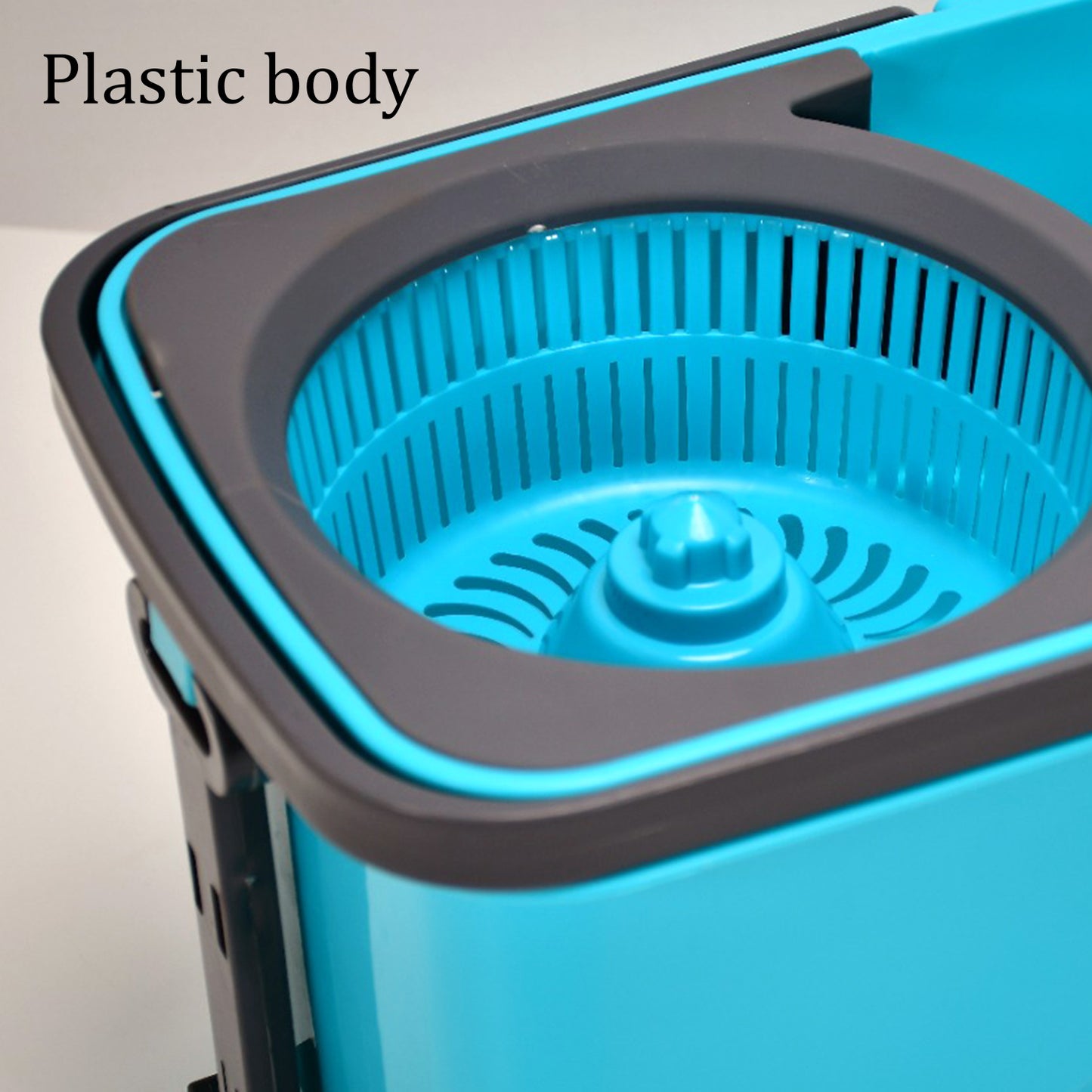 Wukusy Quick Spin Mop with plastic spin bucket, easy wheels, and large capacity for efficient floor cleaning.