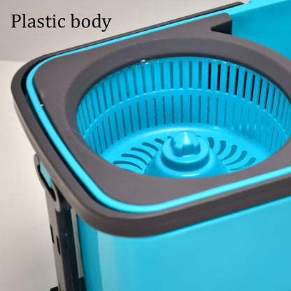 Wukusy Quick Spin Mop with plastic spin bucket, easy wheels, and large capacity for efficient floor cleaning.