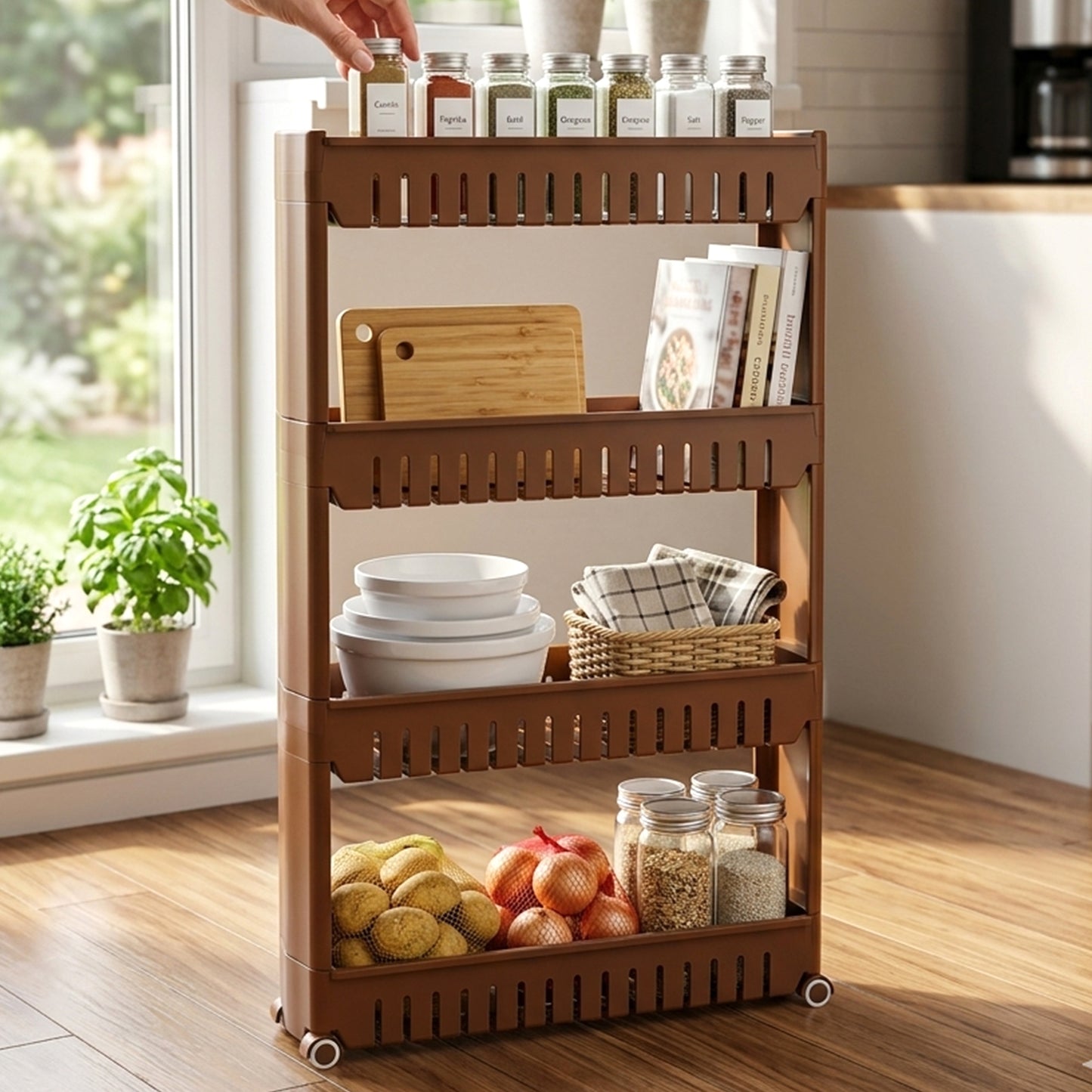 Wukusy multipurpose plastic 4-layer storage rack with wheels, featuring sturdy shelves and casters for easy mobility.