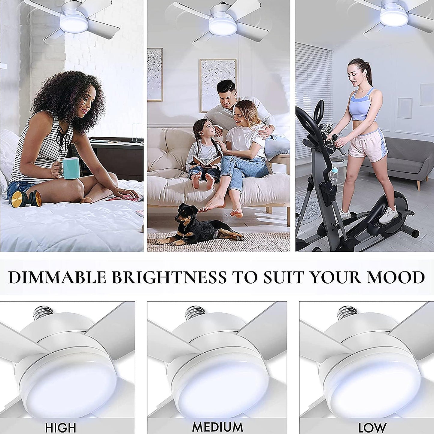Wukusy Socket Fan Light with cool 1000-lumen LED, ceiling fan with remote control, ideal for bedroom, kitchen, or living room.