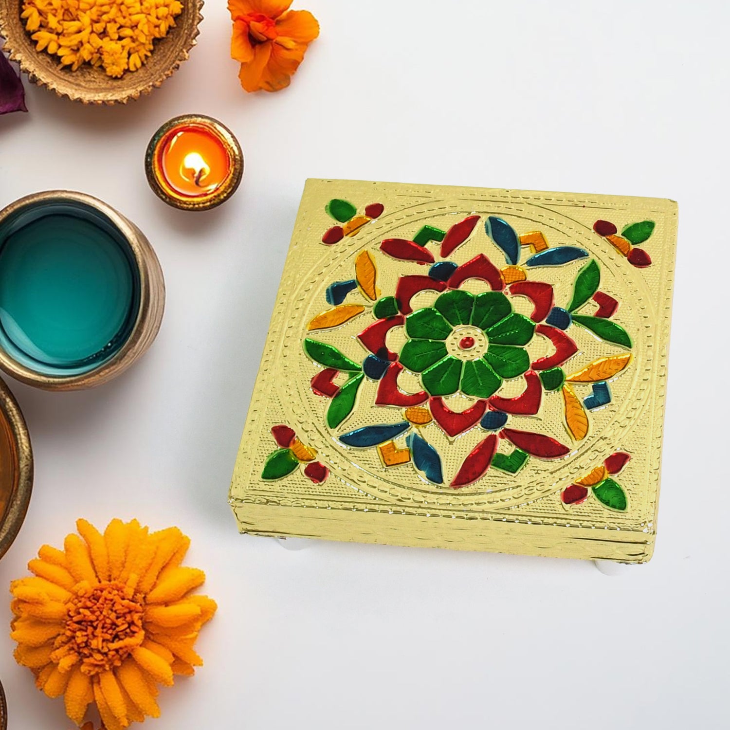Wukusy 2122 traditional wooden Chowkibajot set with decorative design, suitable for home improvement and traditional decor.