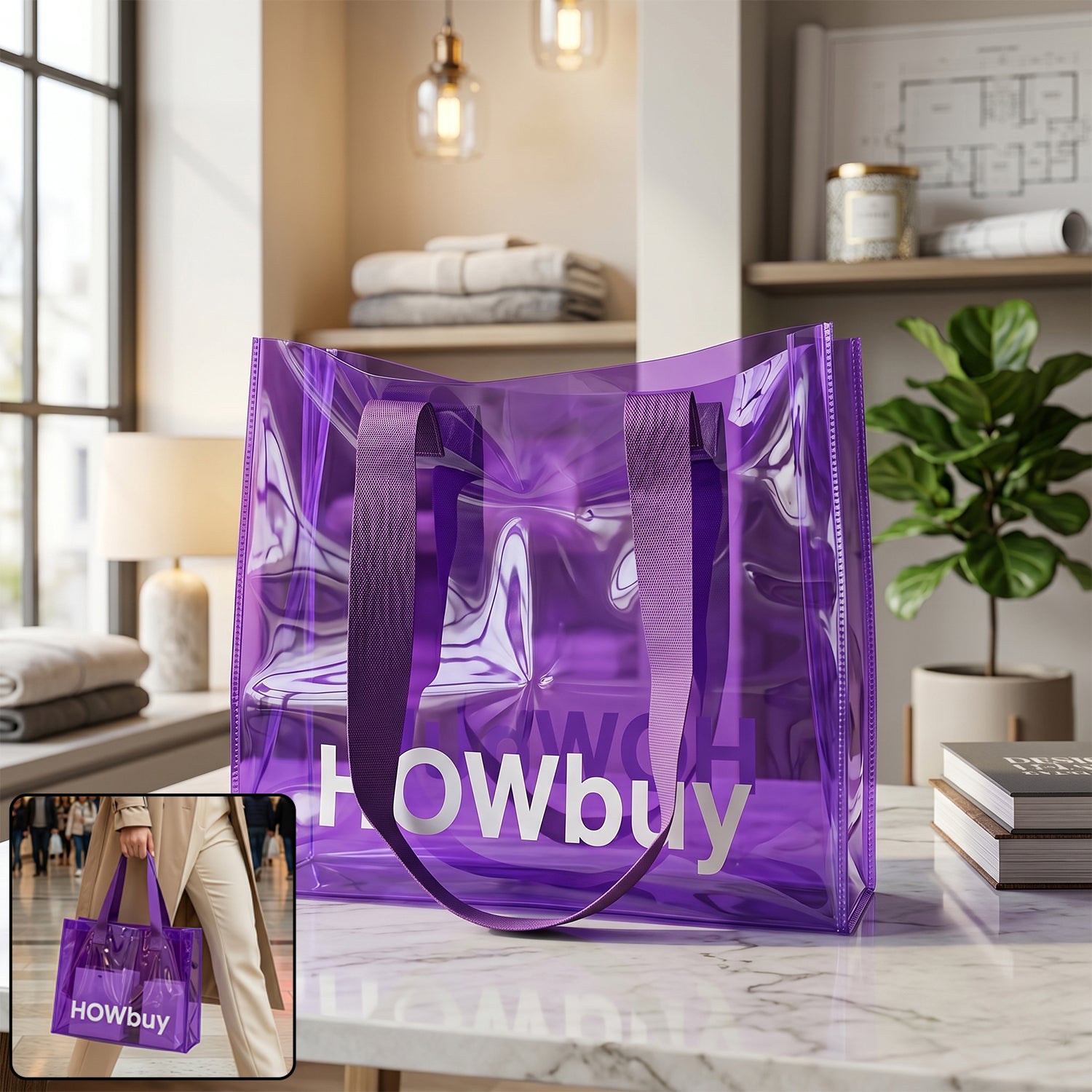 Transparent carry bag with handle strap, 30x27 cm, stylish design by Wukusy, suitable for everyday use and easy to carry.