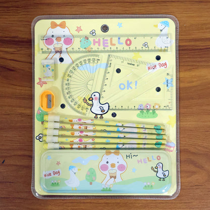 Wukusy cute cartoon geometry box stationery set with colorful compartments and various school supplies for kids.