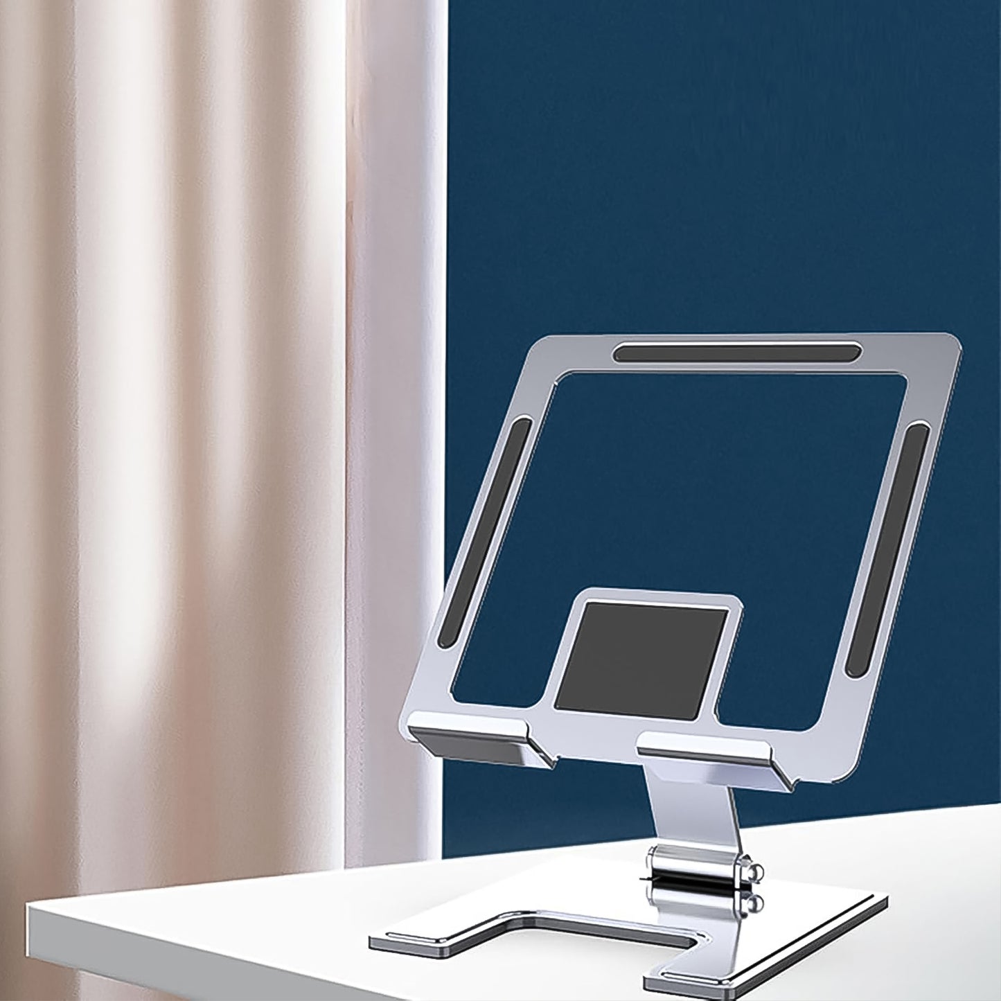 Wukusy adjustable aluminium alloy desktop stand holding a smartphone, featuring a sleek, portable design for phones and tablets.
