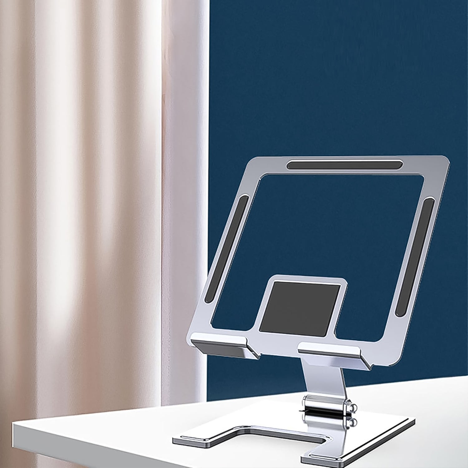 Wukusy adjustable aluminium alloy desktop stand holding a smartphone, featuring a sleek, portable design for phones and tablets.