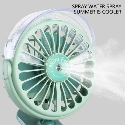 Wukusy portable clip-on USB fan with light, small rechargeable mini desk fan, 3-speed, 360° rotation for home or camping.
