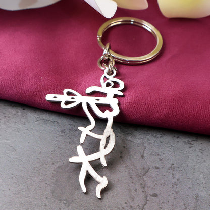 Wukusy Divine Krishna flute design metal keychain with intricate detailing, featuring a small Krishna figure and traditional motifs.