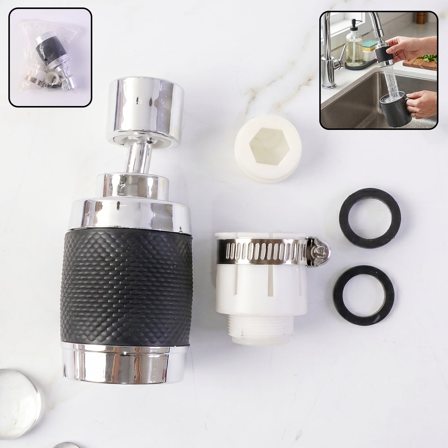 Wukusy kitchen water faucet sprayer with 360° rotatable tap extender nozzle attached to sink.