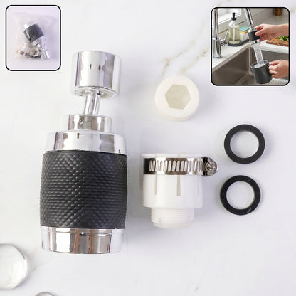 Wukusy kitchen water faucet sprayer with 360° rotatable tap extender nozzle attached to sink.