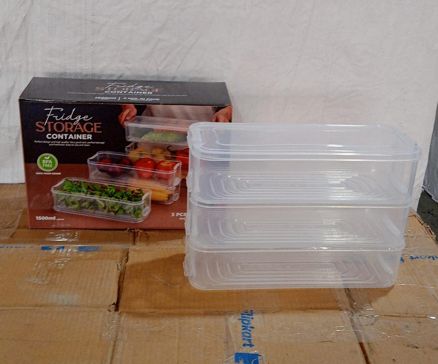 Wukusy 5595 set of 3 plastic fridge storage containers with lids, for fish, meat, vegetables, and fruits, stackable and freezer safe