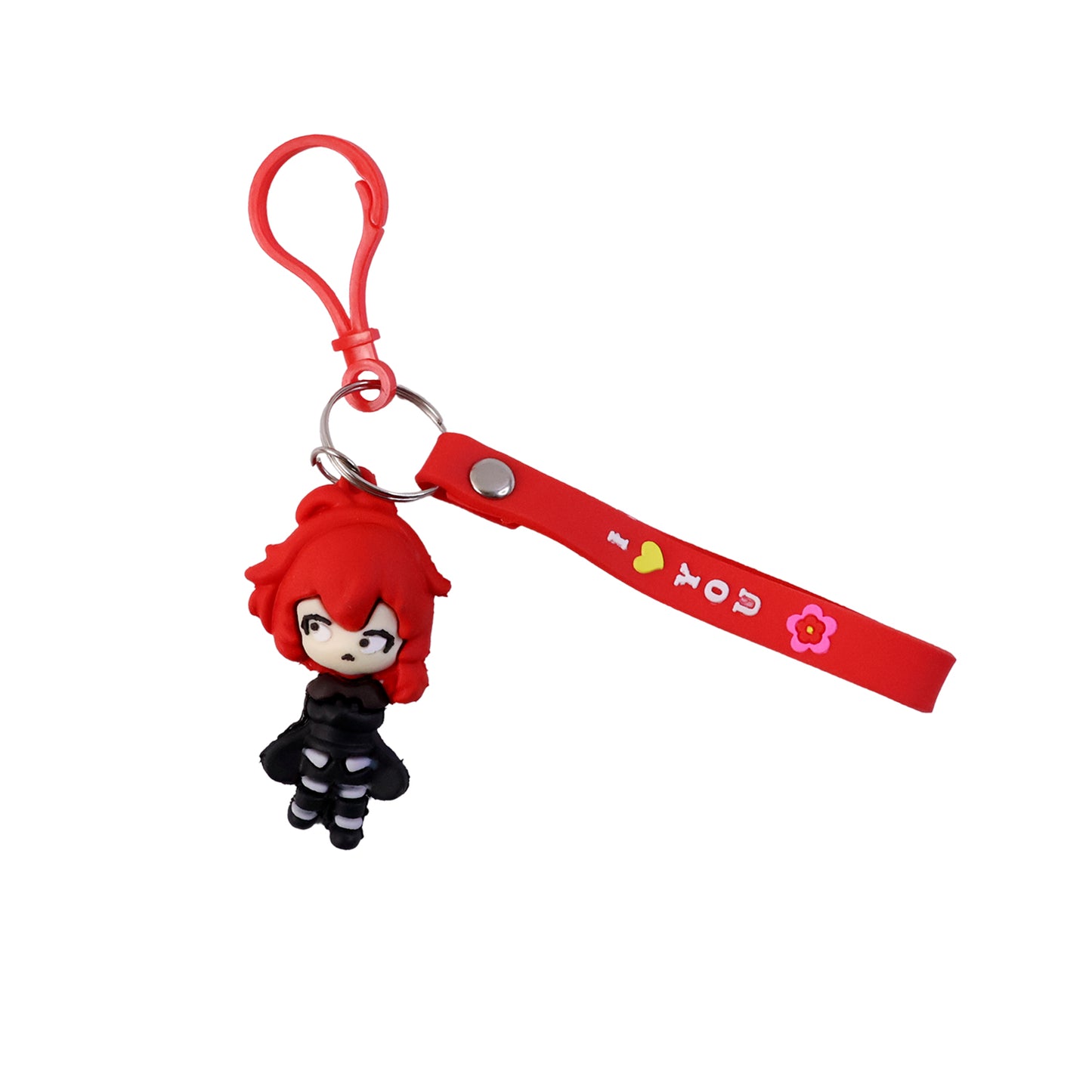 Red cartoon girl silicone keychain featuring a cute hair design, from the Wukusy brand, shown hanging with a silver keyring.