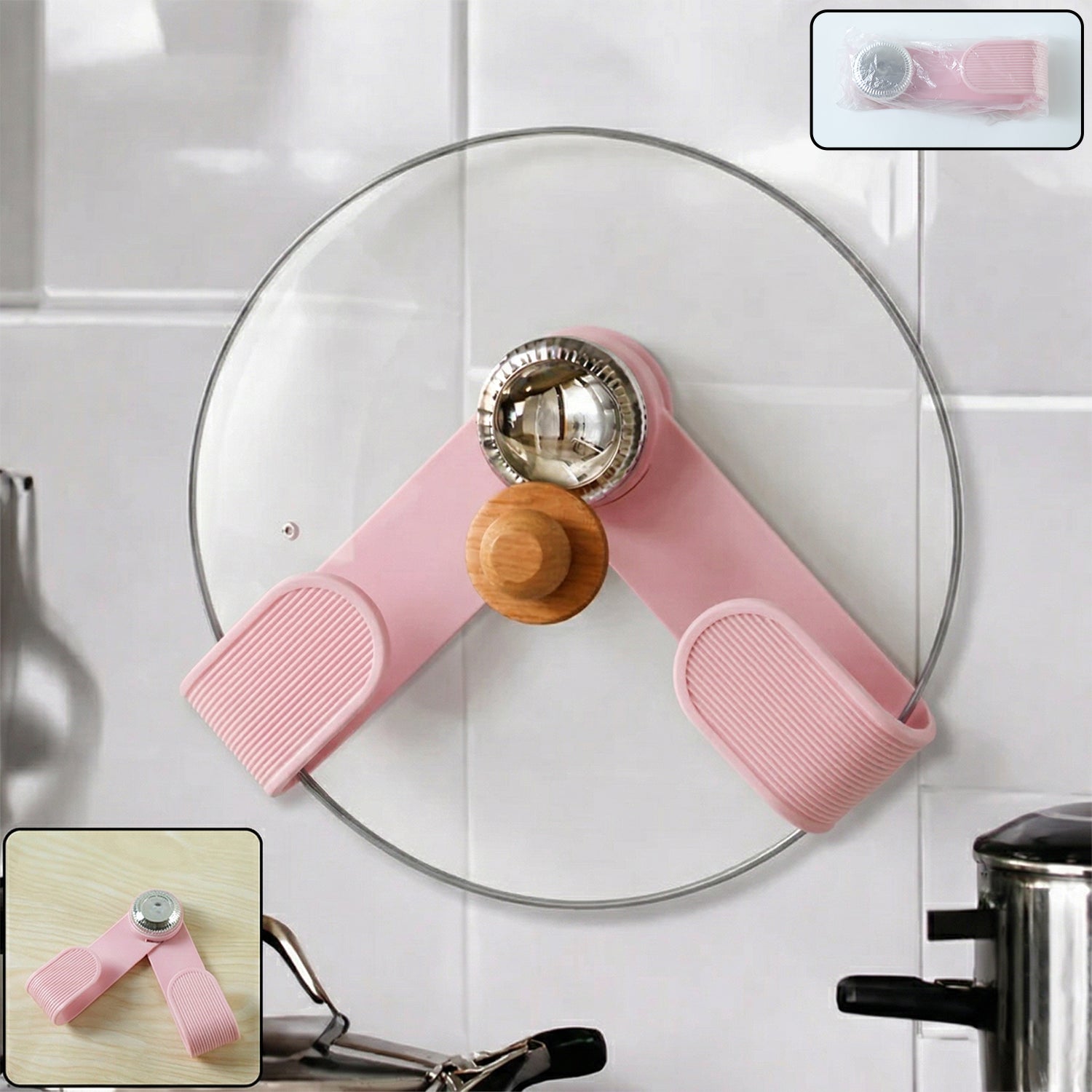 Wukusy adjustable anti-slip pot lid holder clip securing a pot lid on a stove for safe cooking.