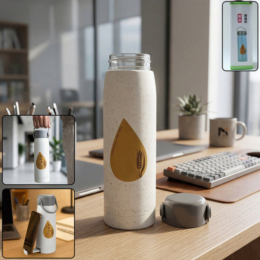 Wukusy premium glass water bottle with mobile phone holder, 380ml, clear design, featuring a leak-proof lid and ergonomic grip.