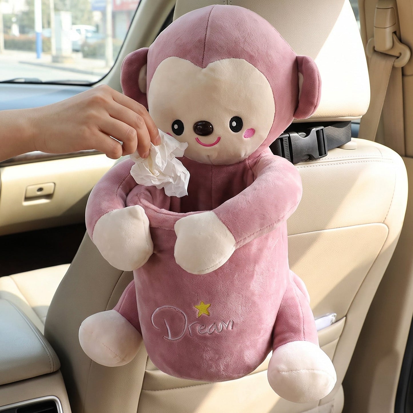 Wukusy plush monkey car trash can and tissue box holder, cute dustbin organizer with soft plush design for vehicle interior.