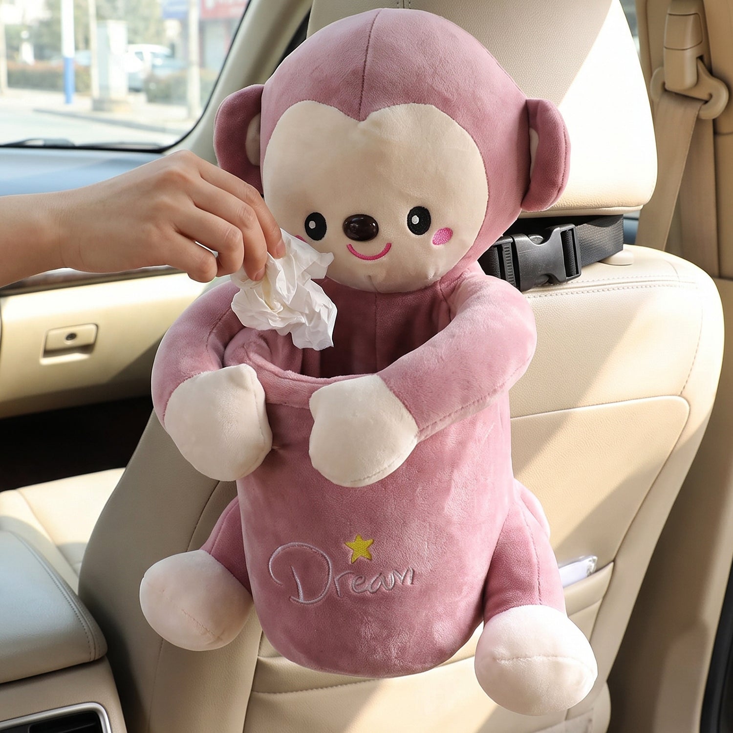 Wukusy plush monkey car trash can and tissue box holder, cute dustbin organizer with soft plush design for vehicle interior.