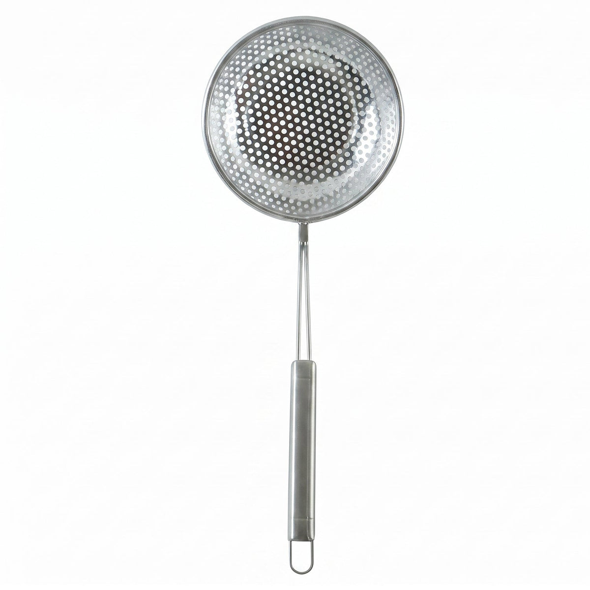 Wukusy stainless steel frying strainer skimmer spoon with long handle for scooping fried foods and draining liquids.