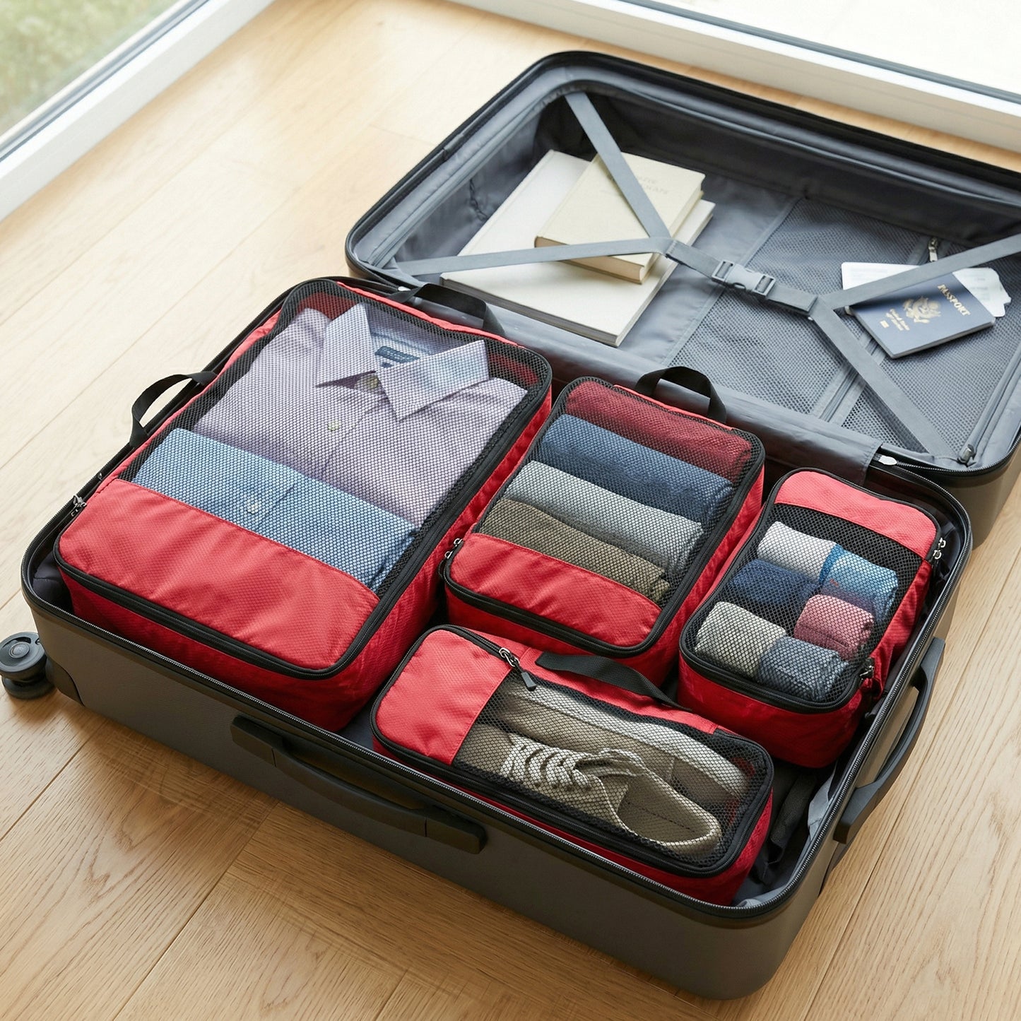 Wukusy 4-in-1 travel organizer packing cubes set with four different sizes for efficient luggage organization and storage.